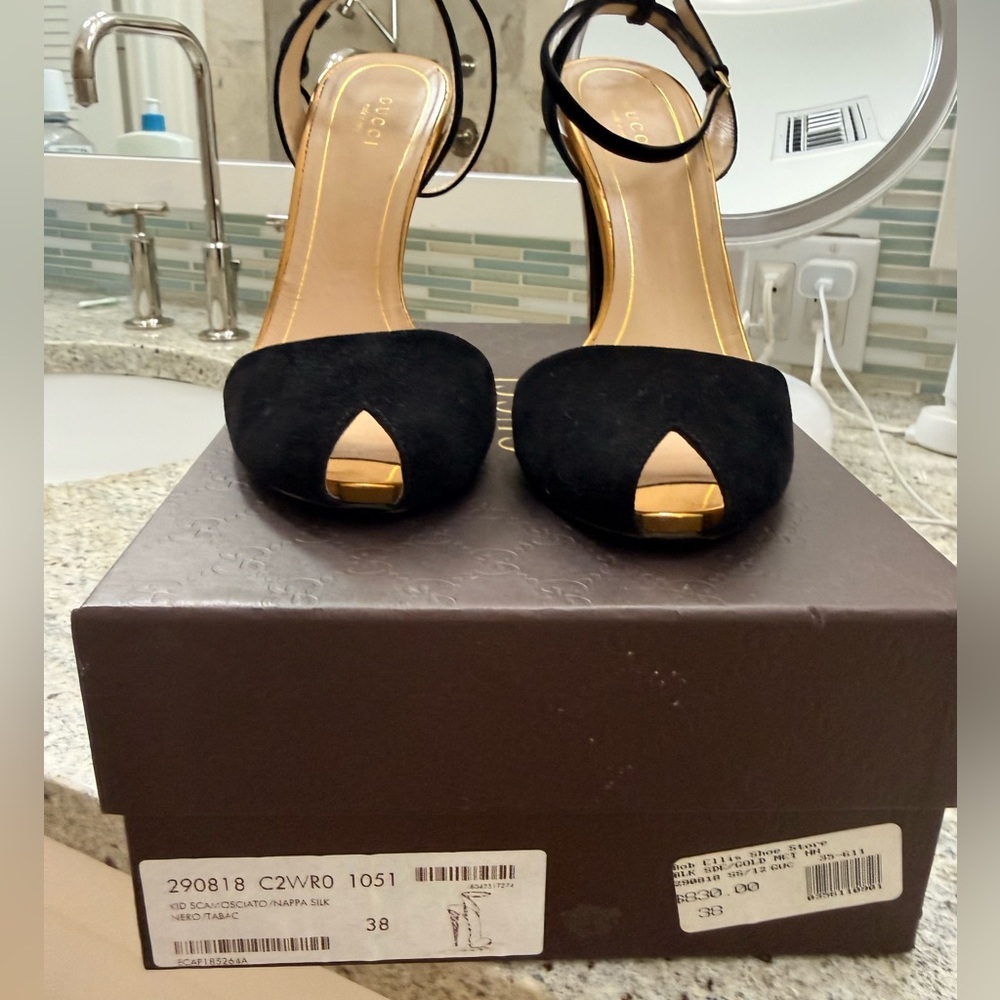 Gucci Black Suede and Gold Strappy Heels, 4 inch mirrored heel, peep toe. - Picture 6 of 12